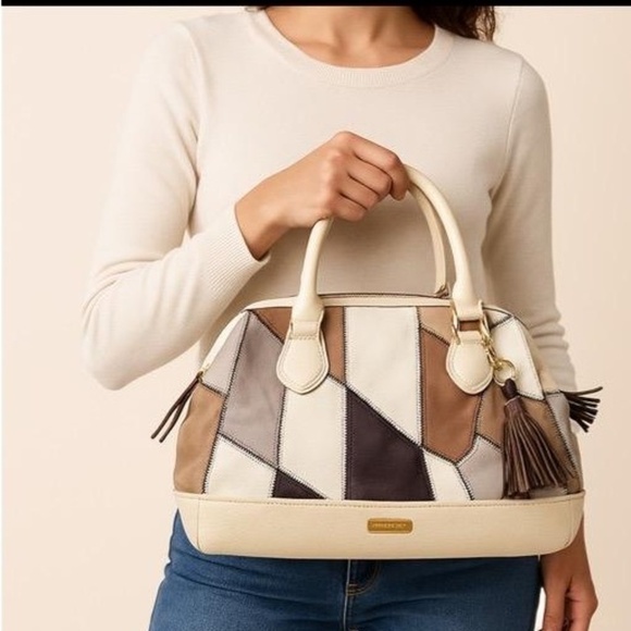 Steve Madden Cuega Taupe Cream Brown Patchwork Design Tassel Charm Handbag Bag - Picture 1 of 9